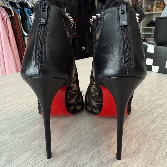 Christian Louboutin Black Lace Studded Ankle Boots - Picture 4 of 7
